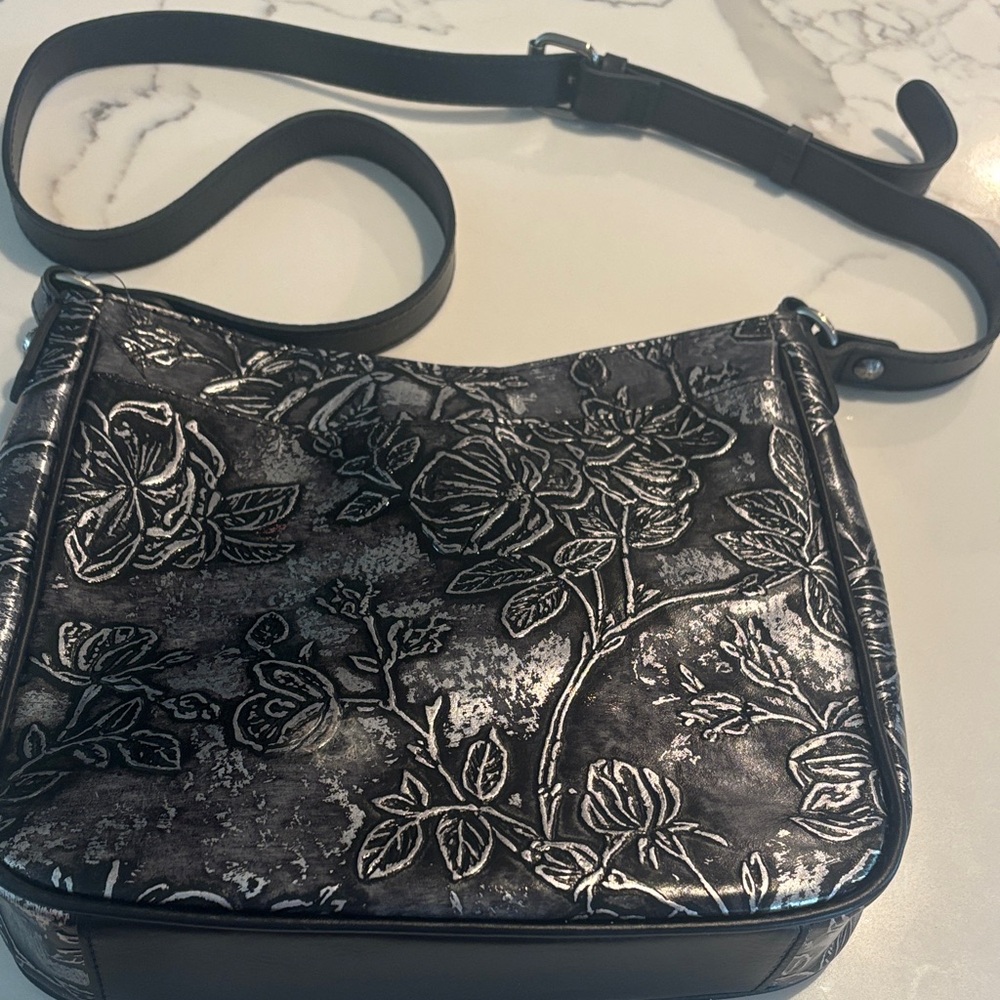 Patricia Nash Black and Silver Floral Shoulder Bag